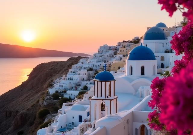 Case bianche di Santorini al tramonto